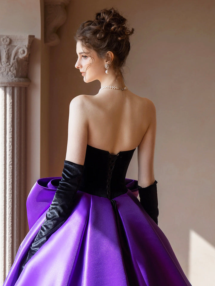 Luolandi Velvet and Satin Long Prom Dress Beautiful A-Line Strapless Party Dress wit Bow Without gloves
